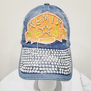 2/$20 Y2K Blue & Orange Blink Stone Denim Cap Hat Adjustable Size